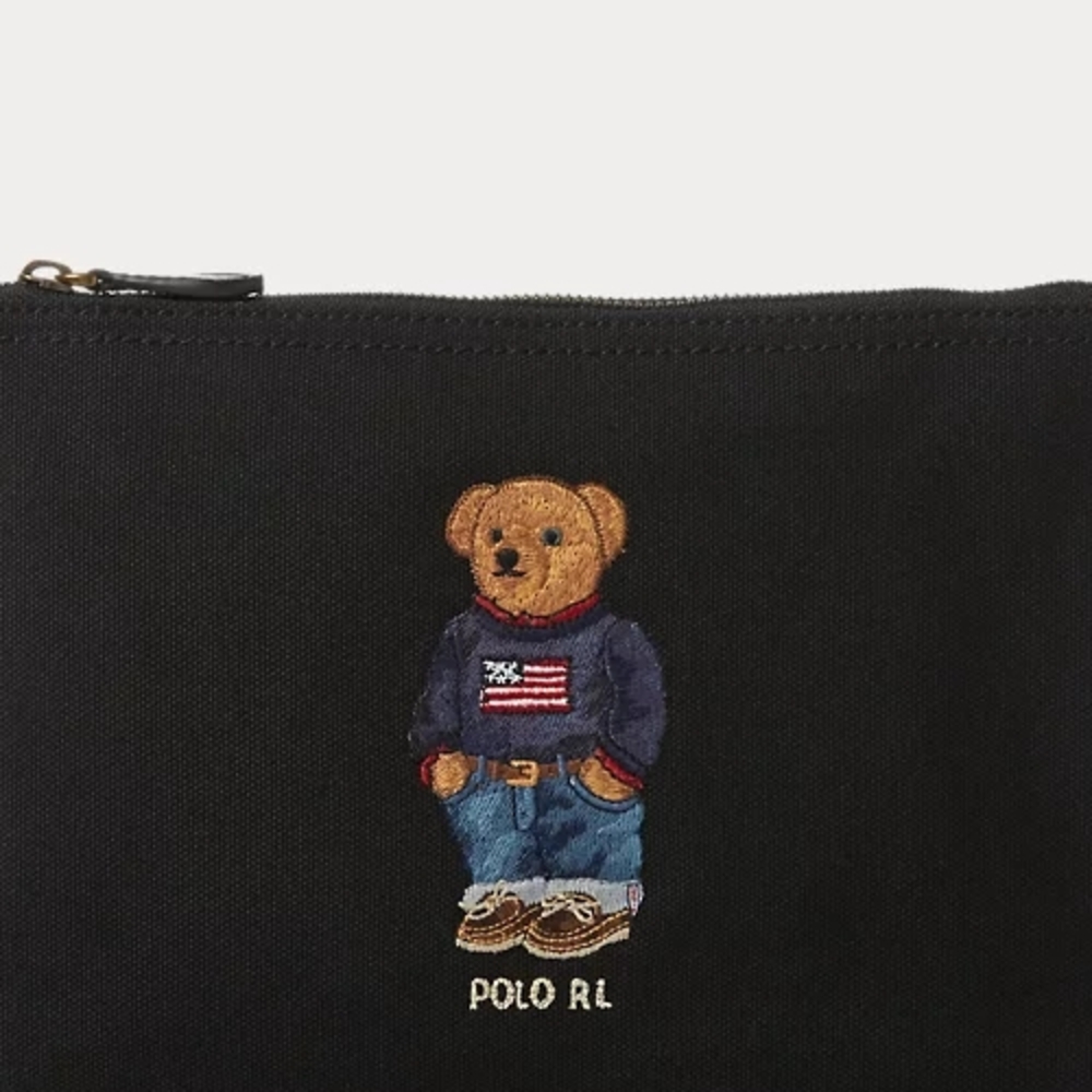 Polo by Ralph Lauren Black Bear Embroidered Canvas Zip Pouch